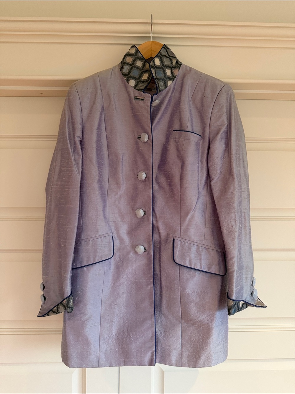 Lavender Collarless Women's Blazer with Patterned Trim